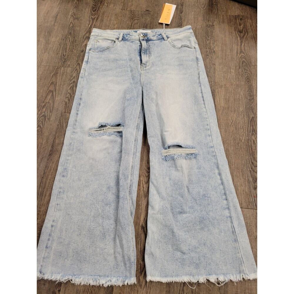 Risen Jeans High Rise Frayed Ankle Wide Jeans Light Wash Size 1XL